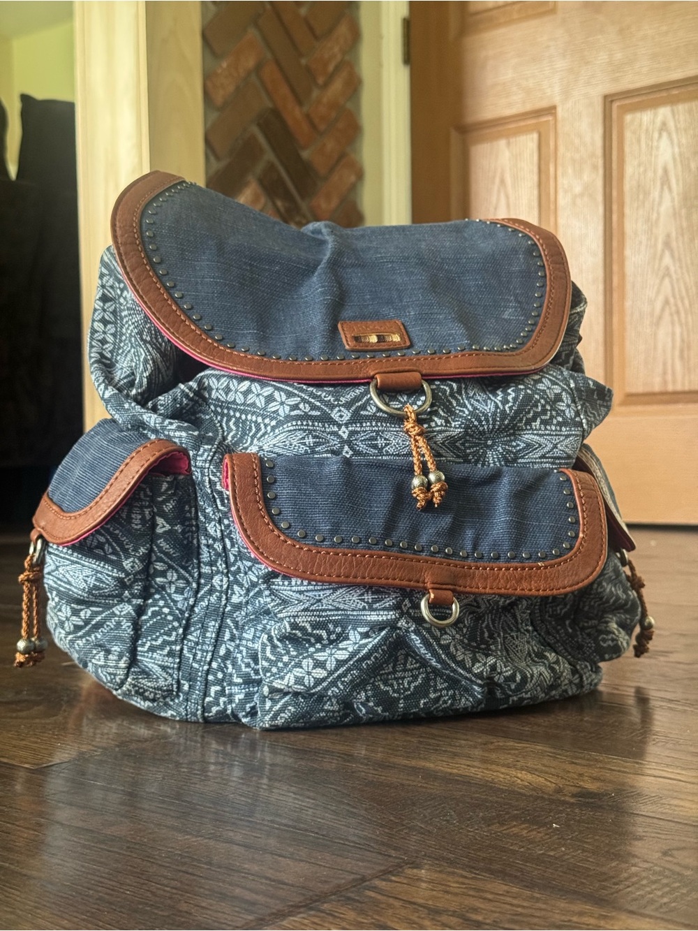 Sakroots Flap Backpack Boho Blue Geometric, Pink Lining